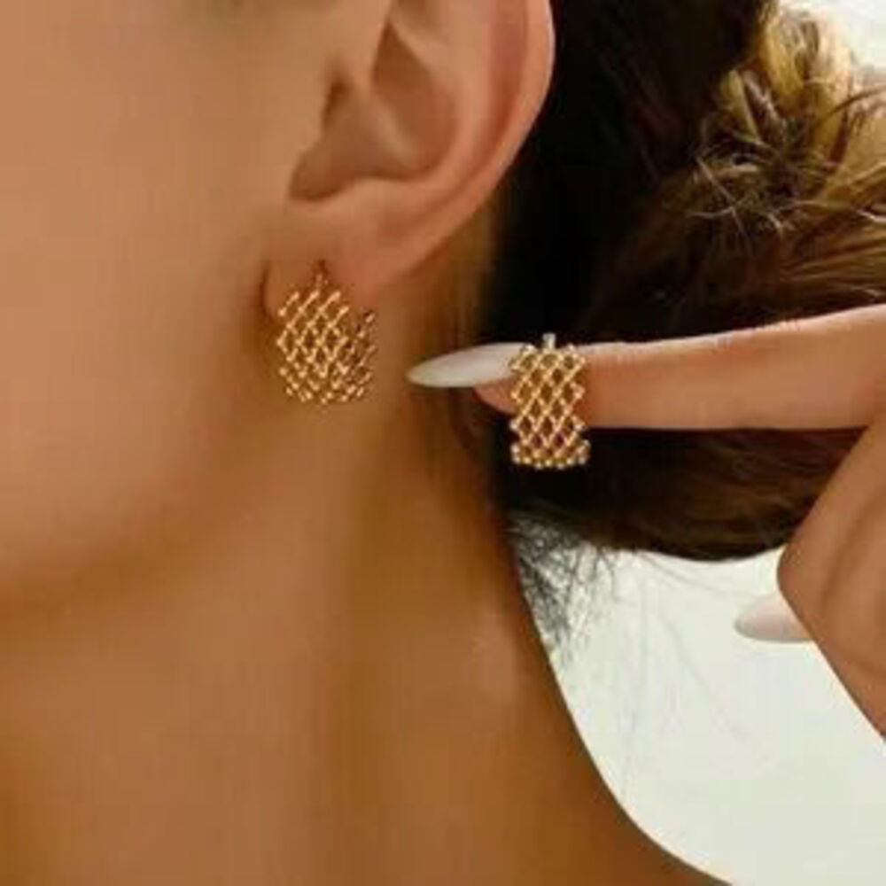 Gold Stainless Steel Mesh Hoop Earrings - Picture 3 of 3